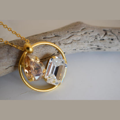 Okeanos 2 necklace with crystal Greek hammered jewelry 18K gold silver rose gold plated with emerald and sea blue crystal