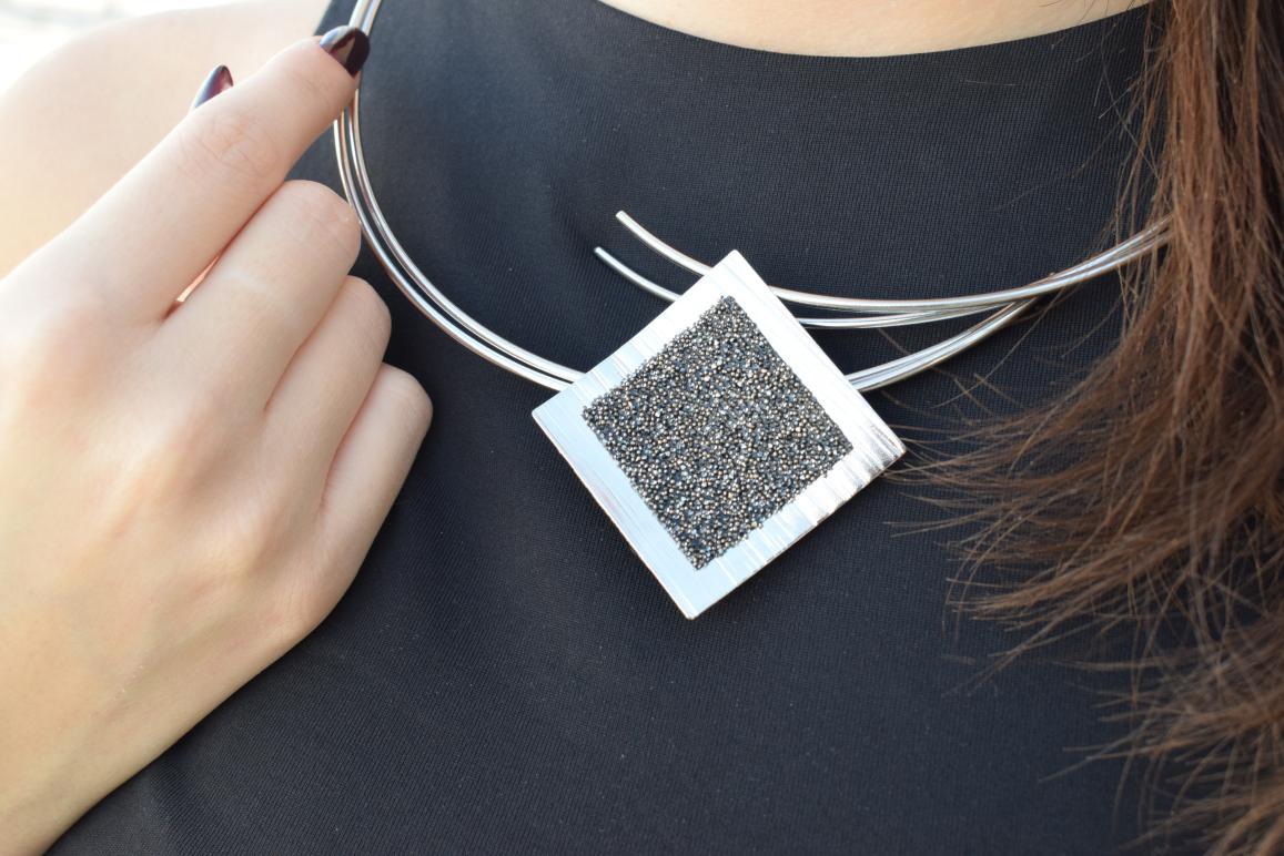 Thyra Necklace – Handmade Greek hammered jewelry with geometric Swarovski pendant, available in 18K gold or silver plated finish.