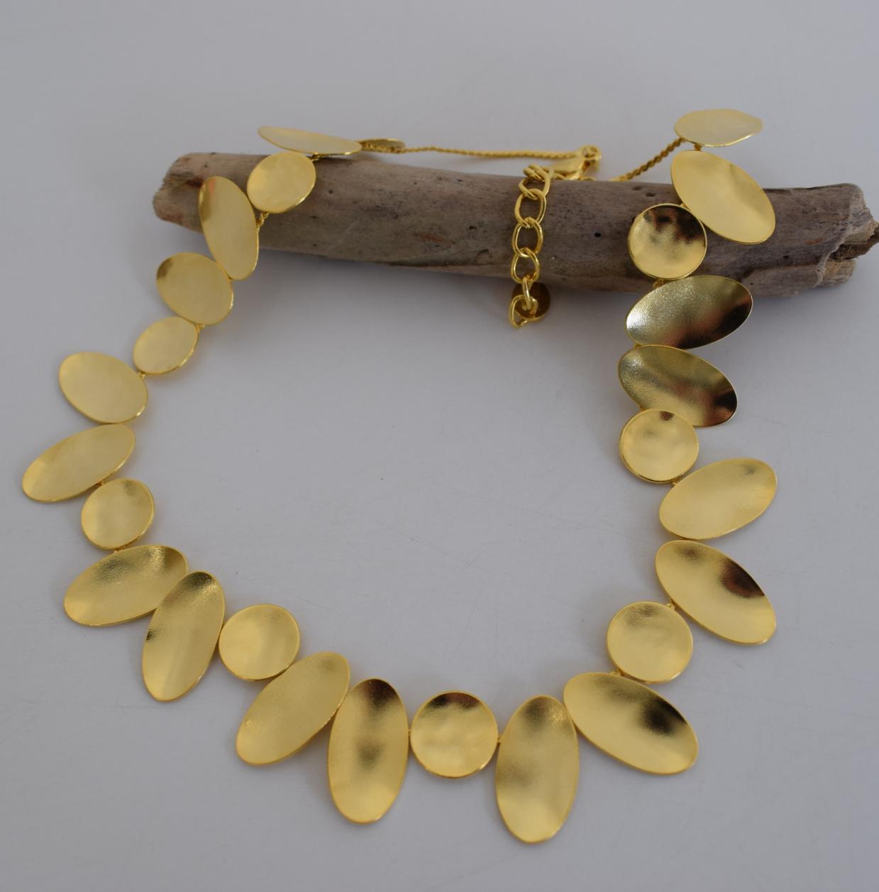 Heliades Necklace – handmade Greek hammered jewelry inspired by the daughters of Helios, available in 18K gold and silver plated.