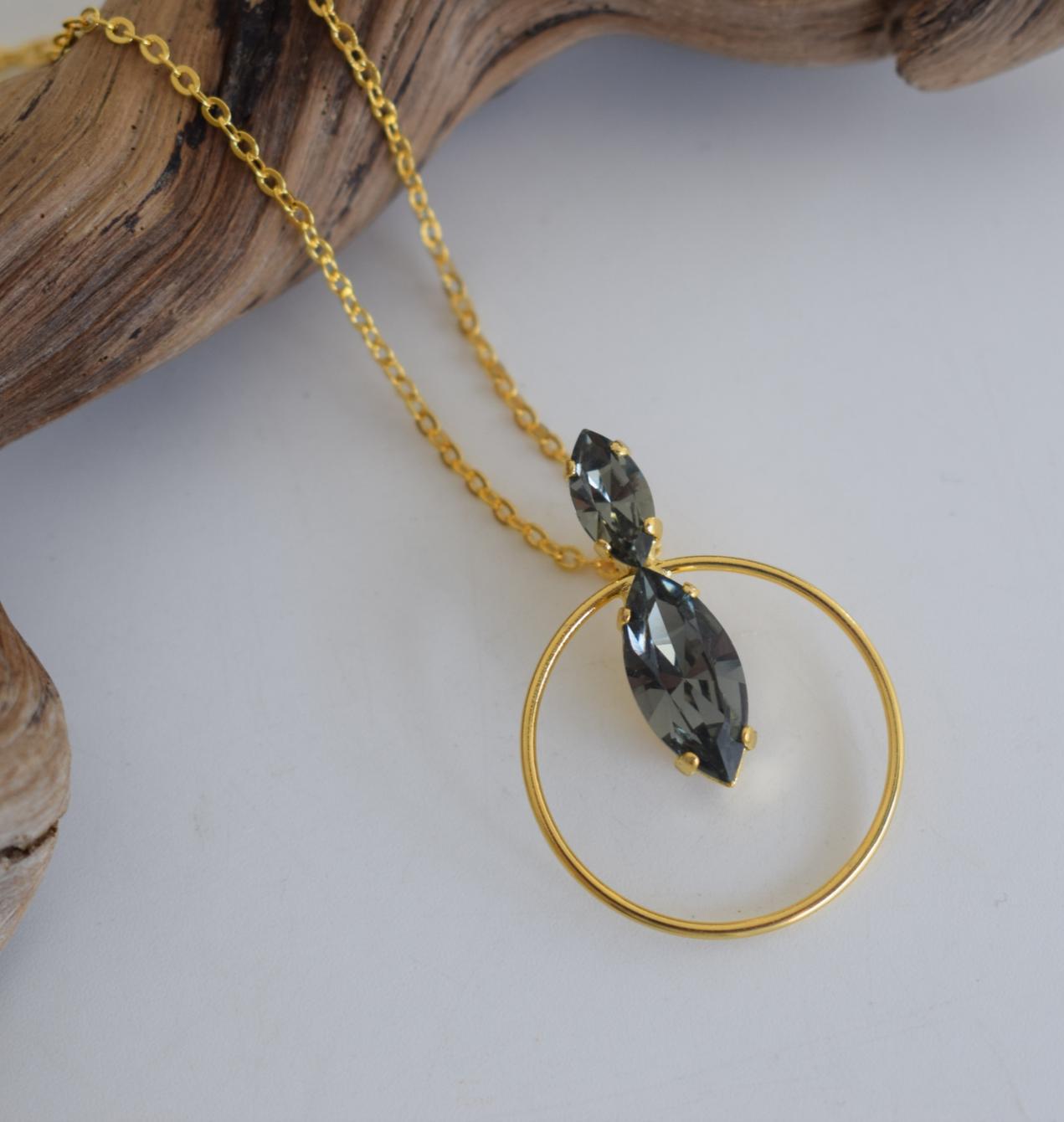 Helike Necklace – handmade Greek hammered jewelry with Swarovski crystal and circular pendant, available in 18K gold, silver, and rose gold plated.