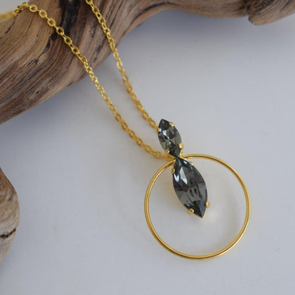 Helike Necklace – handmade Greek hammered jewelry with crystal and circular pendant, available in 18K gold, silver, and rose gold plated.