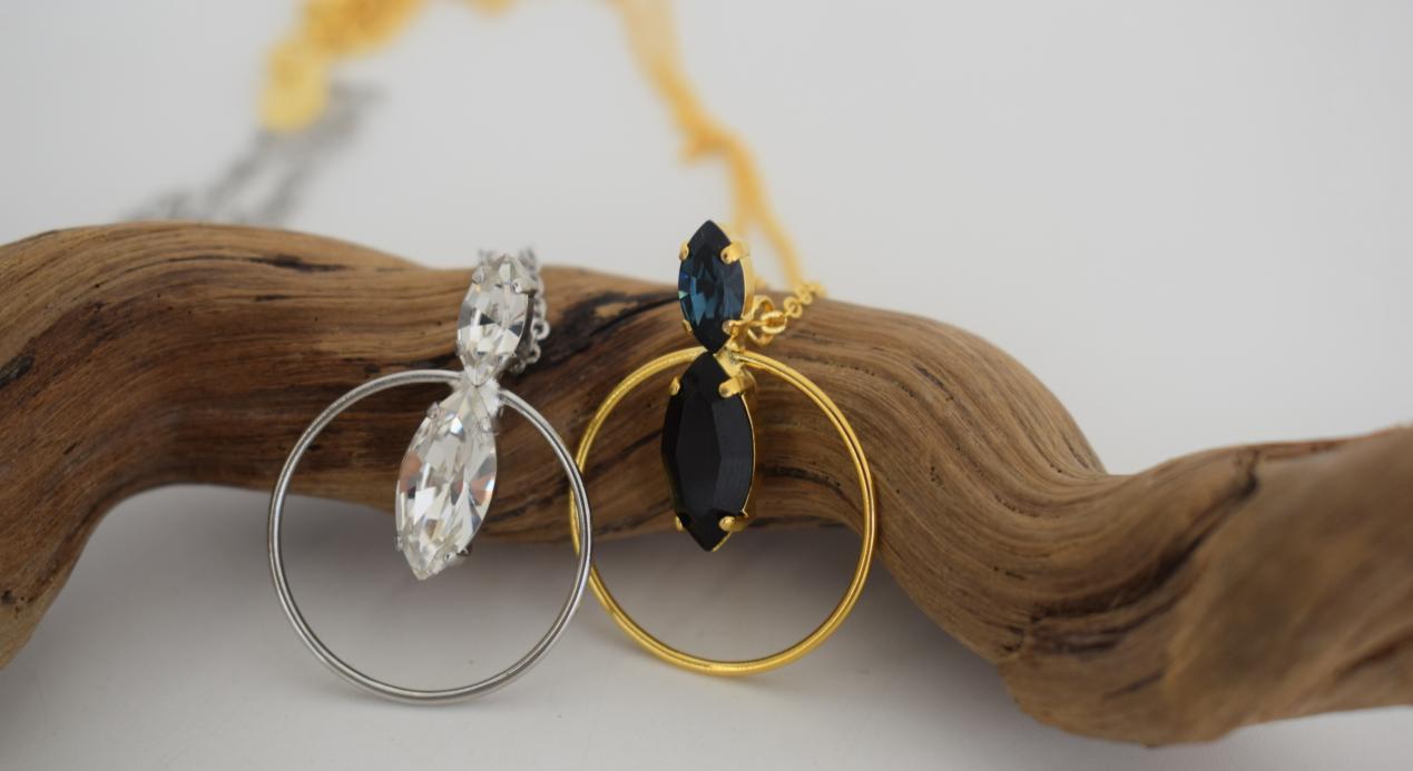 Helike Necklace – handmade Greek hammered jewelry with Swarovski crystal and circular pendant, available in 18K gold, silver, and rose gold plated.