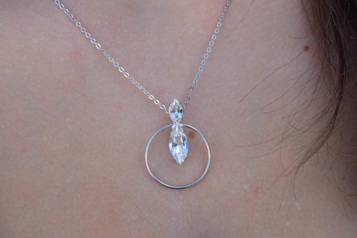 Helike Necklace – handmade Greek hammered jewelry with Swarovski crystal and circular pendant, available in 18K gold, silver, and rose gold plated.