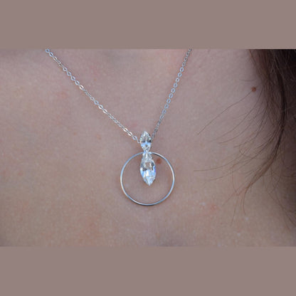 Helike Necklace – handmade Greek hammered jewelry with crystal and circular pendant, available in 18K gold, silver, and rose gold plated.