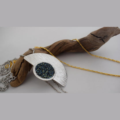 Handmade Orpheia necklace, Greek hammered jewelry with 18K gold or silver plated finish and central crystal pendant.