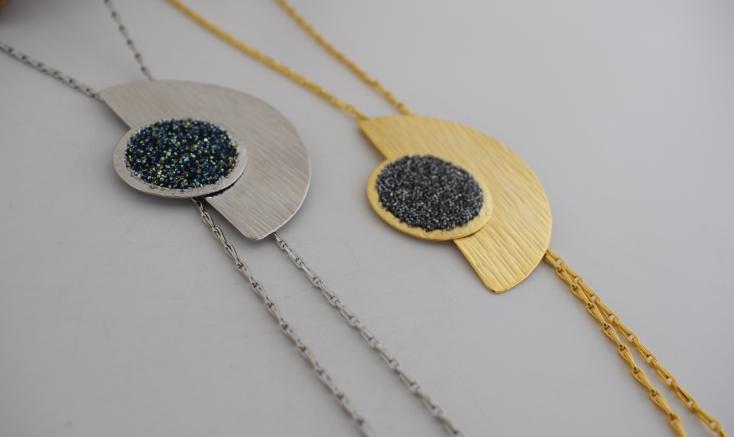 Handmade Orpheia necklace, Greek hammered jewelry with 18K gold or silver plated finish and central Swarovski crystal pendant.