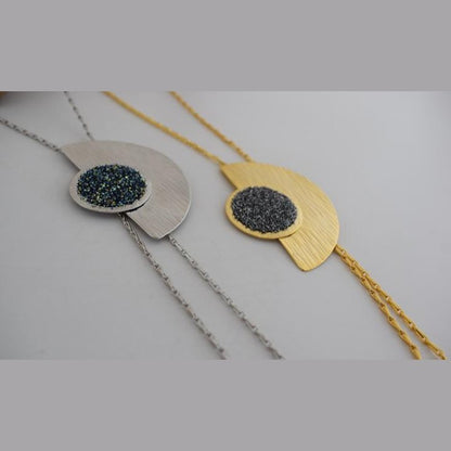 Handmade Orpheia necklace, Greek hammered jewelry with 18K gold or silver plated finish and central crystal pendant.