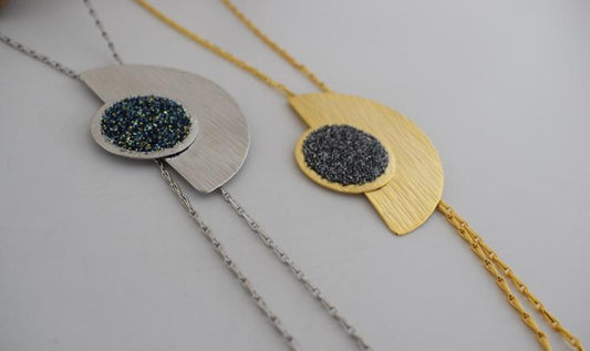 Handmade Orpheia necklace, Greek hammered jewelry with 18K gold or silver plated finish and central Swarovski crystal pendant.