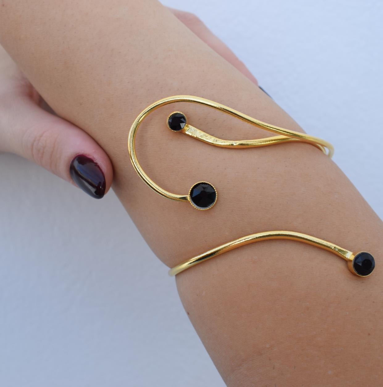 Tinos bracelet, handmade Greek hammered jewelry in 18K gold or silver plated with crystal stones on an open cuff design.