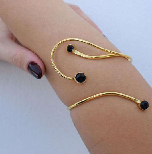 Tinos bracelet, handmade Greek hammered jewelry in 18K gold or silver plated with crystal stones on an open cuff design.