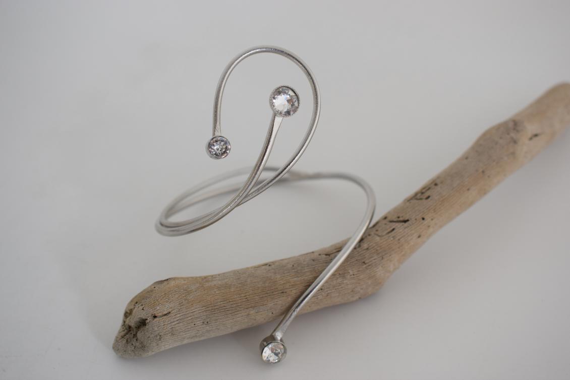 Tinos bracelet, handmade Greek hammered jewelry in 18K gold or silver plated with crystal stones on an open cuff design.