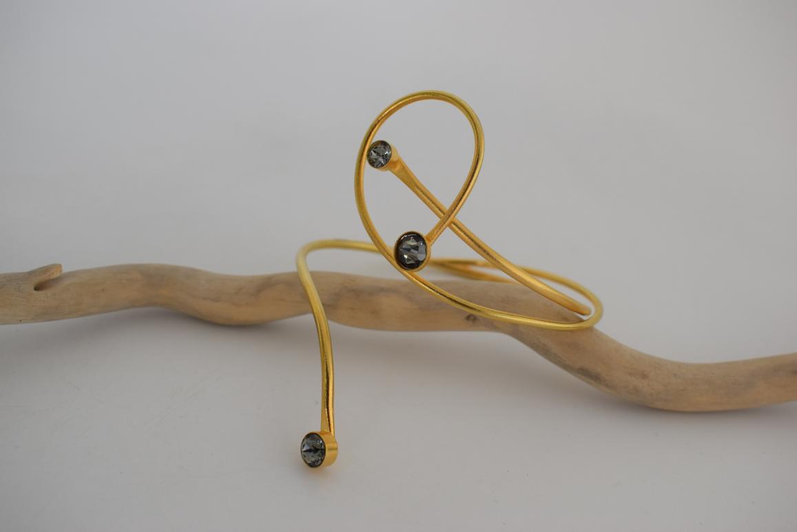 Tinos bracelet, handmade Greek hammered jewelry in 18K gold or silver plated with crystal stones on an open cuff design.