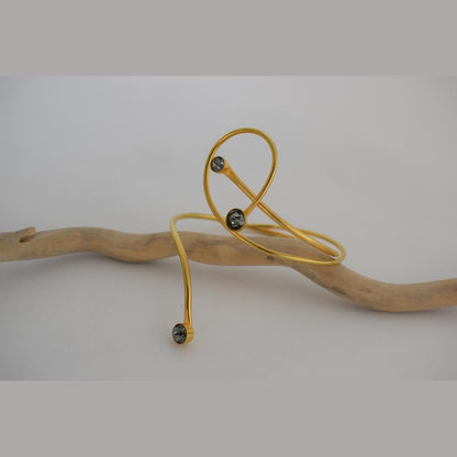 Tinos bracelet, handmade Greek hammered jewelry in 18K gold or silver plated with crystal stones on an open cuff design.
