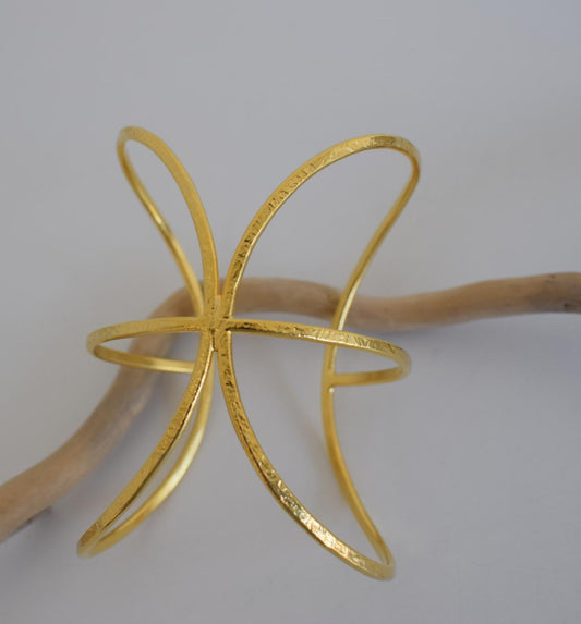 Handmade Cosmos bracelet, Greek hammered jewelry in 18K gold or silver plated with radiating sculptural openwork design.