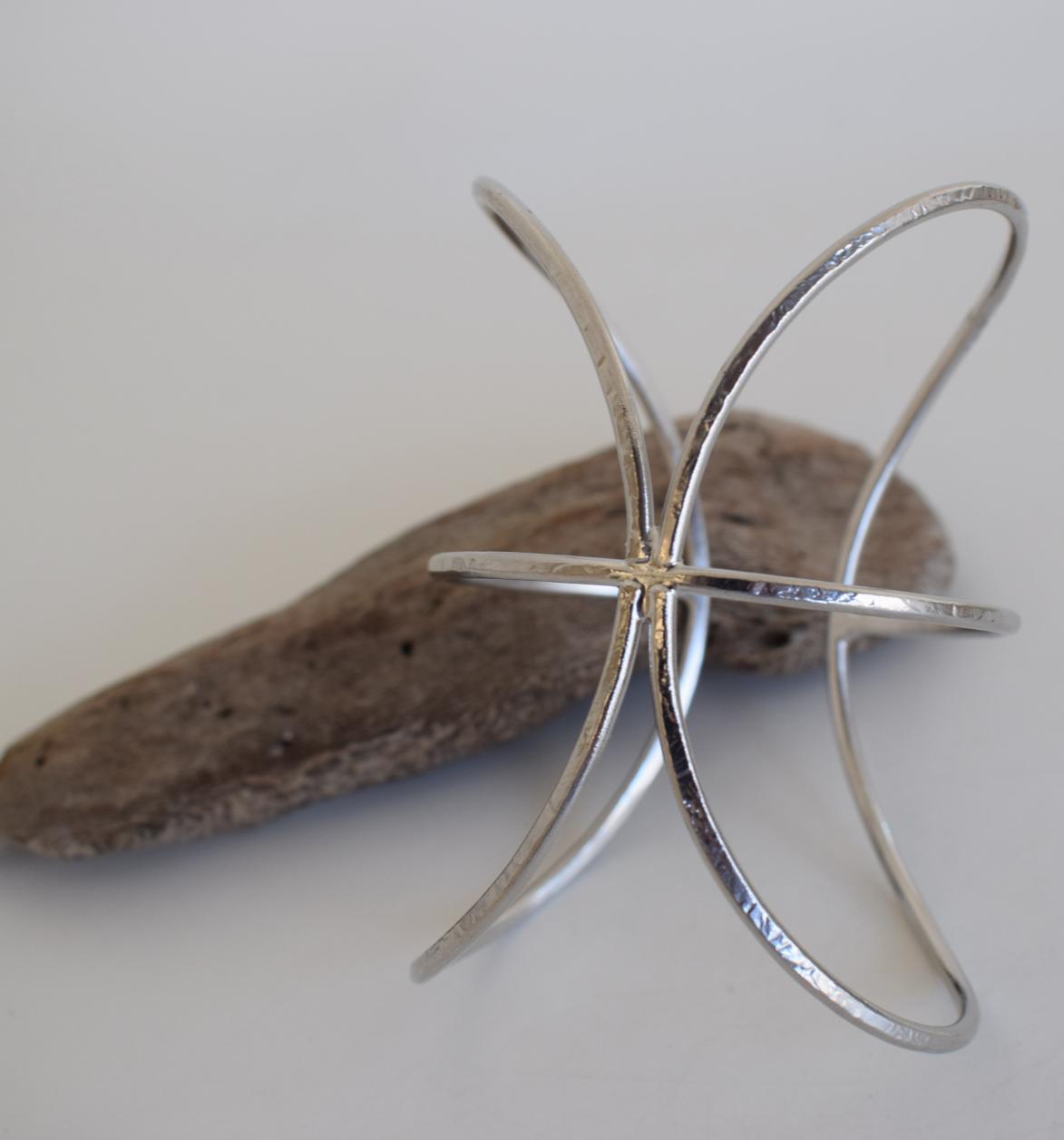 Handmade Cosmos bracelet, Greek hammered jewelry in 18K gold or silver plated with radiating sculptural openwork design.