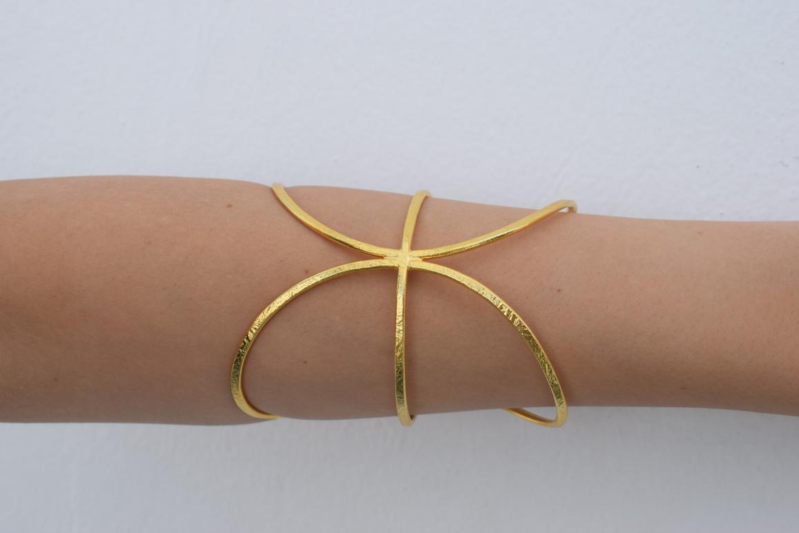 Handmade Cosmos bracelet, Greek hammered jewelry in 18K gold or silver plated with radiating sculptural openwork design.
