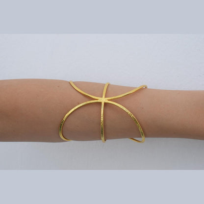 Handmade Cosmos bracelet, Greek hammered jewelry in 18K gold or silver plated with radiating sculptural openwork design.