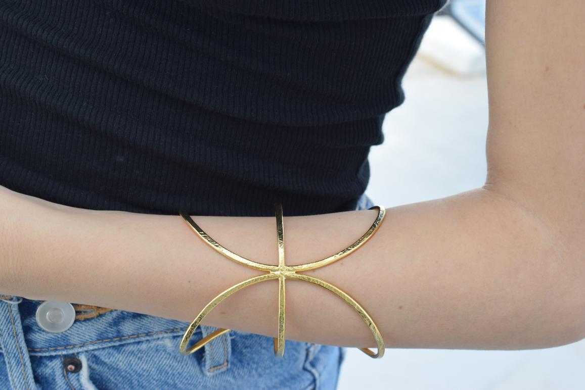 Handmade Cosmos bracelet, Greek hammered jewelry in 18K gold or silver plated with radiating sculptural openwork design.