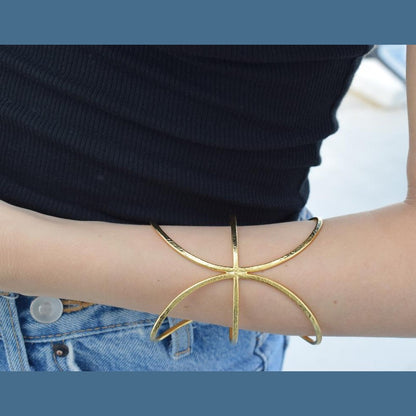 Handmade Cosmos bracelet, Greek hammered jewelry in 18K gold or silver plated with radiating sculptural openwork design.