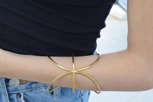 Handmade Cosmos bracelet, Greek hammered jewelry in 18K gold or silver plated with radiating sculptural openwork design.