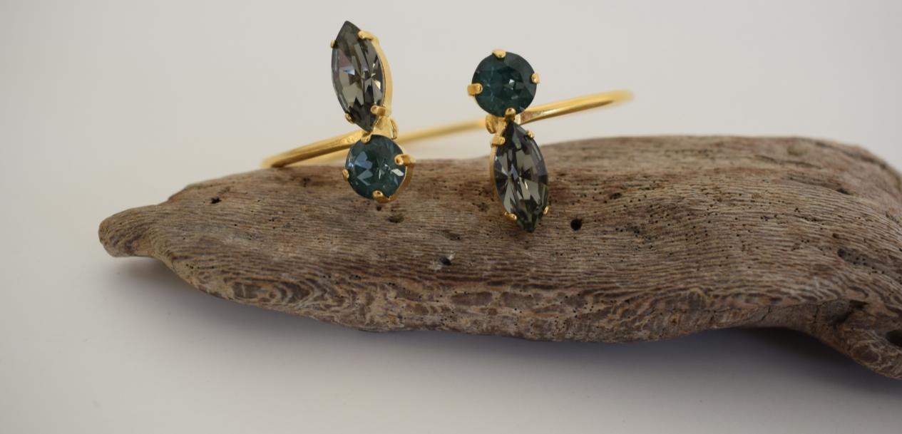 Santorini Bracelet – handmade Greek hammered jewelry with Swarovski crystals, available in 18K gold and silver plated.