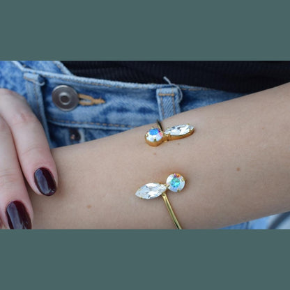 Santorini Bracelet – handmade Greek hammered jewelry with crystals, available in 18K gold and silver plated.