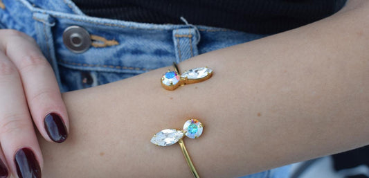 Santorini Bracelet – handmade Greek hammered jewelry with Swarovski crystals, available in 18K gold and silver plated.