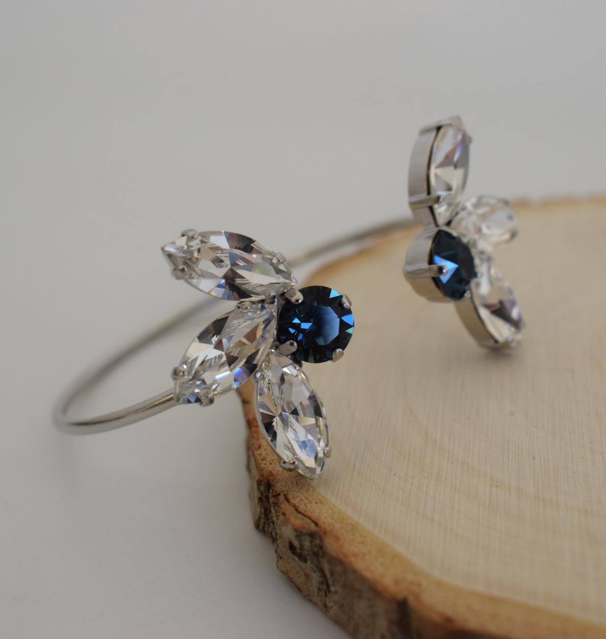 Amaryllis Bracelet – handmade Greek hammered jewelry with blue Swarovski crystals, available in 18K gold or silver plated.