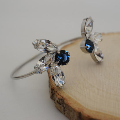 Amaryllis Bracelet – handmade Greek hammered jewelry with blue crystals, available in 18K gold or silver plated.
