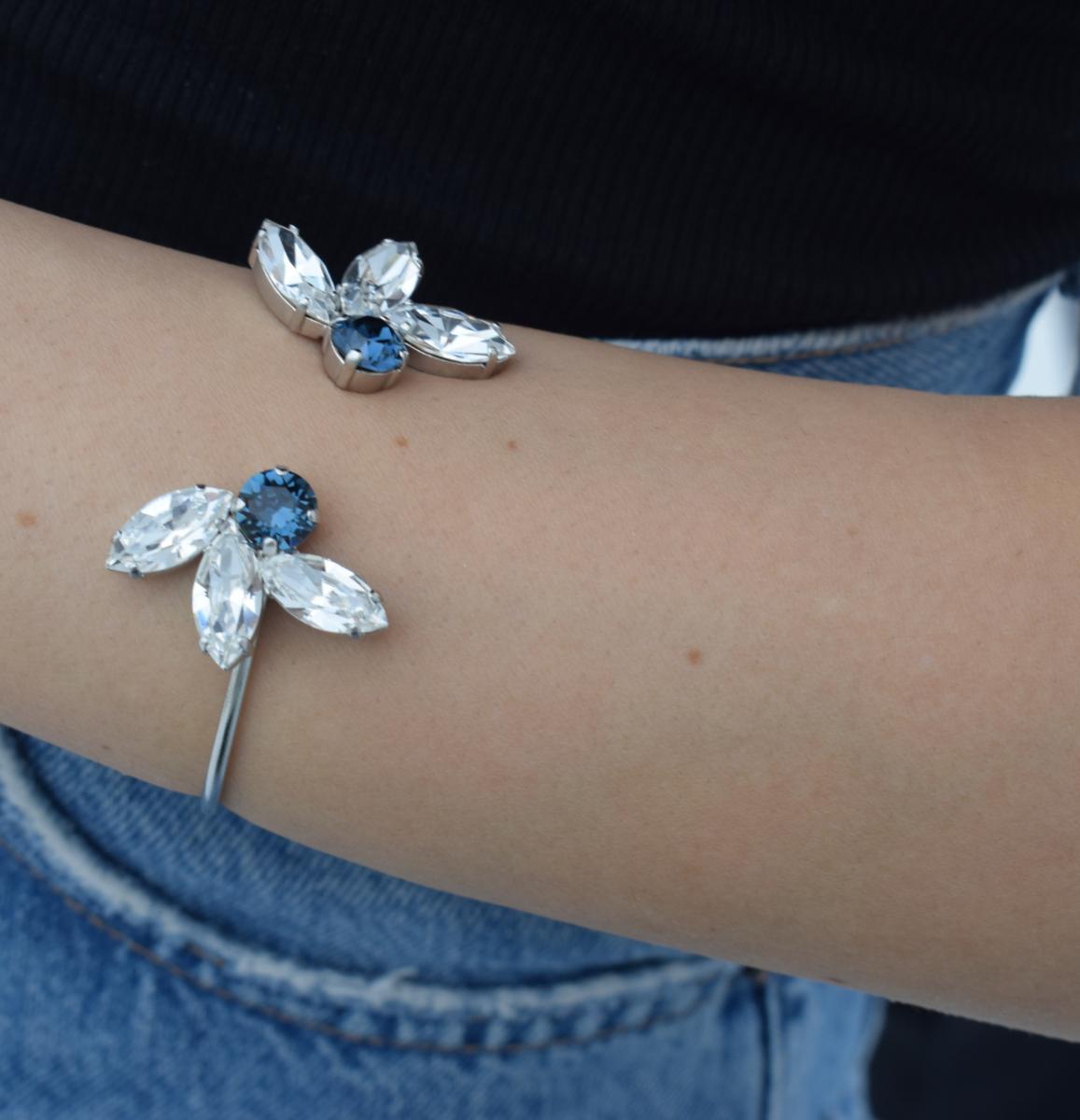 Amaryllis Bracelet – handmade Greek hammered jewelry with blue Swarovski crystals, available in 18K gold or silver plated.