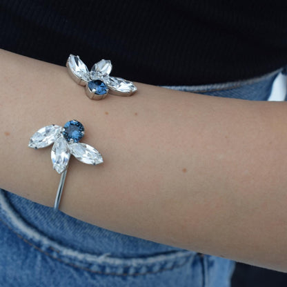 Amaryllis Bracelet – handmade Greek hammered jewelry with blue crystals, available in 18K gold or silver plated.