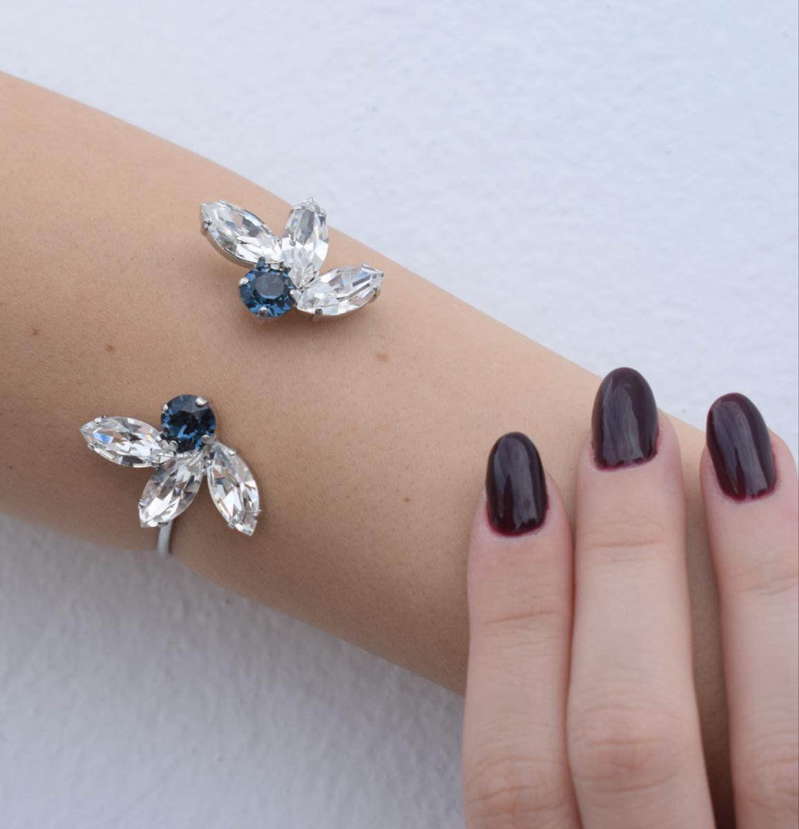 Amaryllis Bracelet – handmade Greek hammered jewelry with blue Swarovski crystals, available in 18K gold or silver plated.