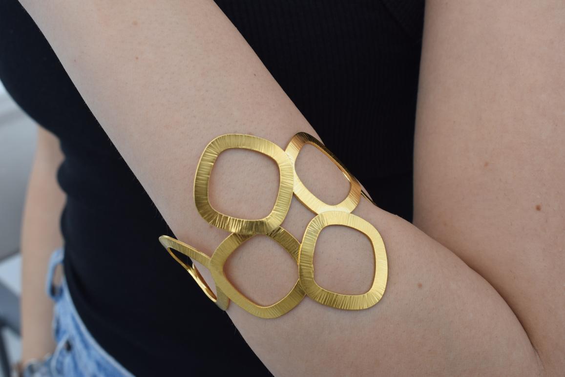 Kyklades Bracelet – handmade Greek hammered jewelry with openwork geometric design, available in 18K gold and silver plated.