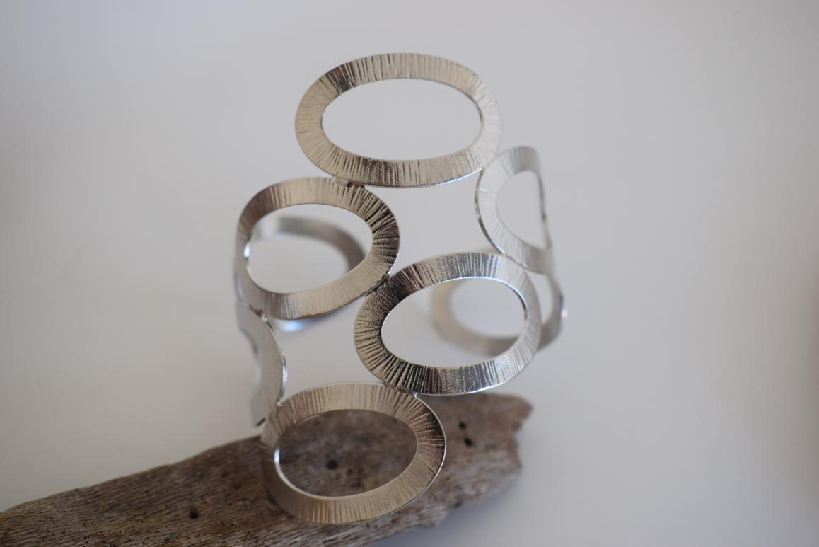 Handmade Rhodes bracelet, Greek hammered jewelry in 18K gold or silver plated with sculptural interlocking openwork design.