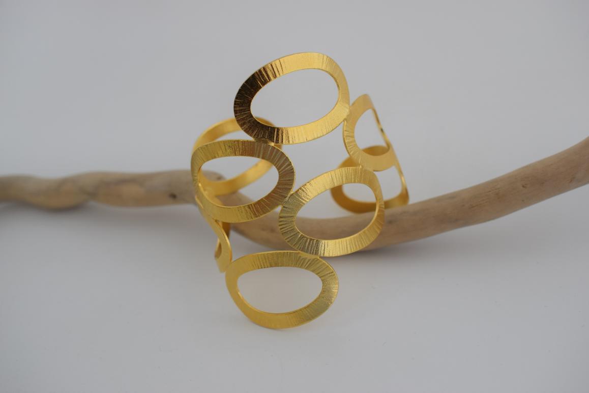 Handmade Rhodes bracelet, Greek hammered jewelry in 18K gold or silver plated with sculptural interlocking openwork design.