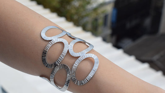 Handmade Rhodes bracelet, Greek hammered jewelry in 18K gold or silver plated with sculptural interlocking openwork design.