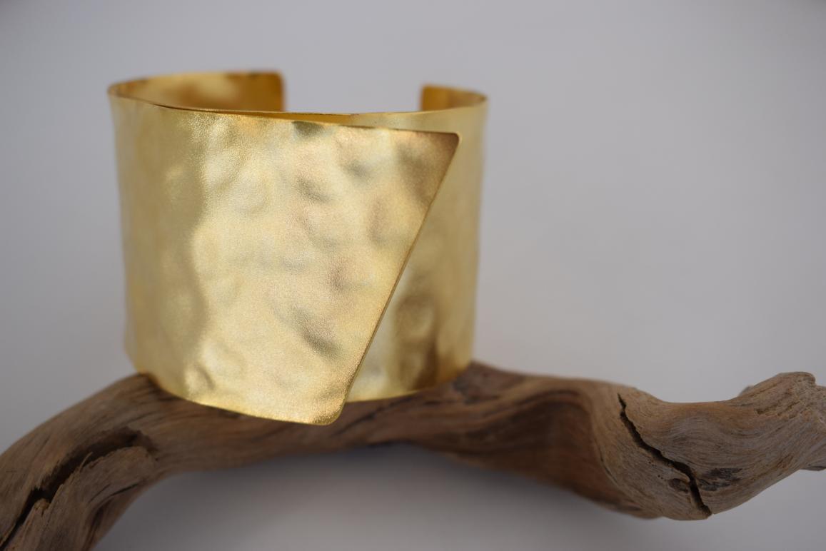Handmade Knossos bracelet, Greek hammered jewelry in 18K gold or silver plated with sculptural overlapping cuff design.