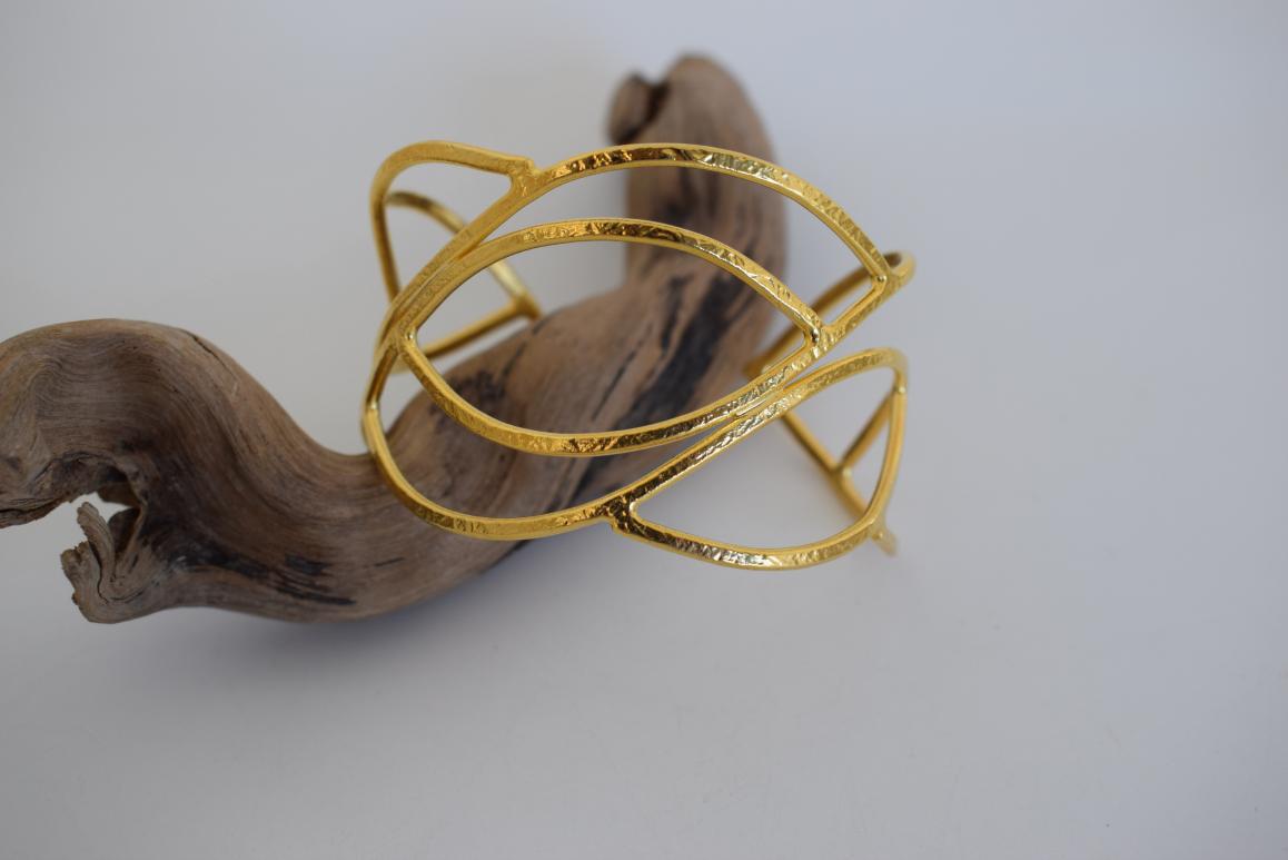 Handmade Narkissos bracelet, Greek hammered jewelry in 18K gold or silver plated with interwoven sculptural openwork design.