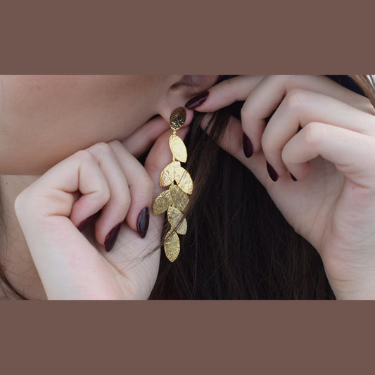 Phylion2 Earrings – Handmade Greek Hammered Jewelry in gold or silver plated with cascading leaf design inspired by olive and laurel crowns.