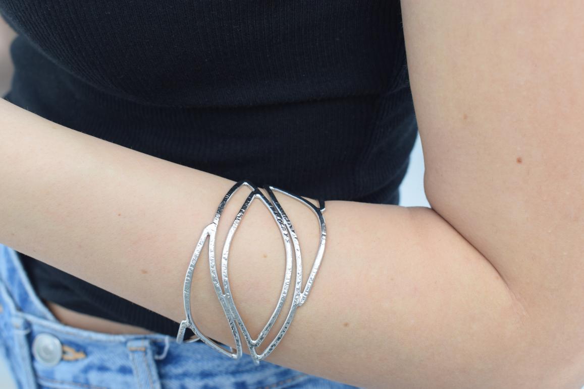 Handmade Narkissos bracelet, Greek hammered jewelry in 18K gold or silver plated with interwoven sculptural openwork design.