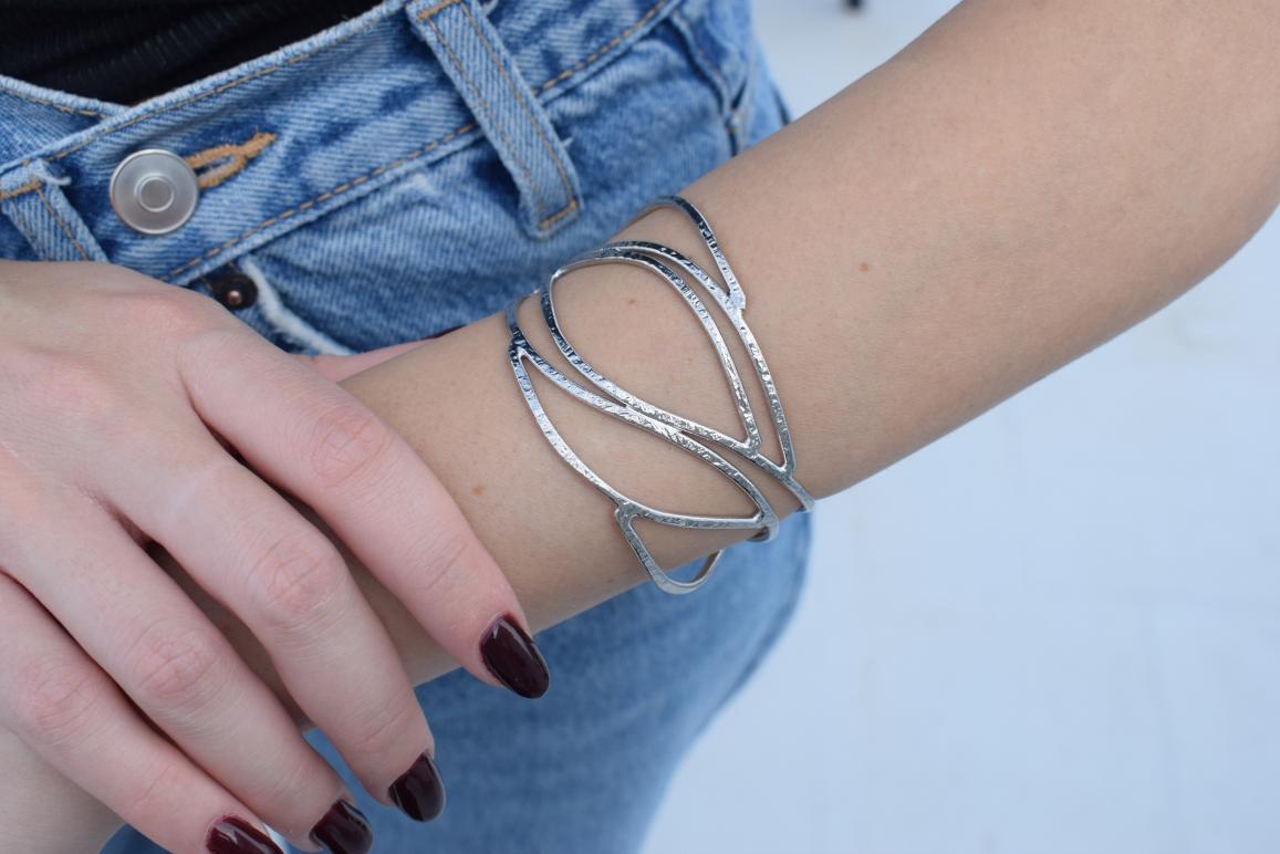 Handmade Narkissos bracelet, Greek hammered jewelry in 18K gold or silver plated with interwoven sculptural openwork design.