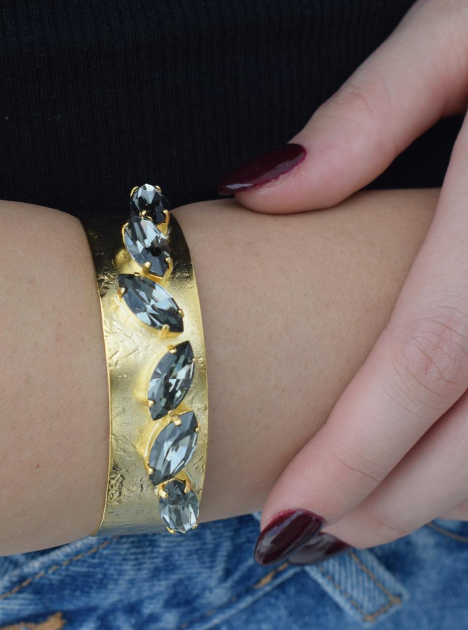 Handmade Hyacinth bracelet, Greek hammered jewelry in 18K gold or silver plated with multiple Swarovski crystals.