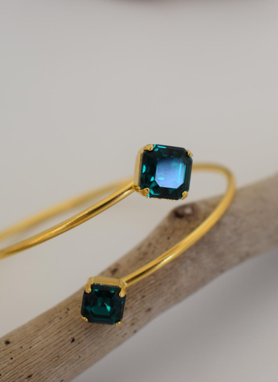 Handmade Asteria bracelet, Greek hammered jewelry in 18K gold or silver plated with two Swarovski crystal stones.