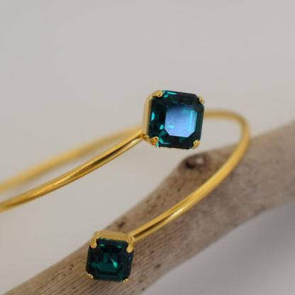 Handmade Asteria bracelet, Greek hammered jewelry in 18K gold or silver plated with two crystal stones.