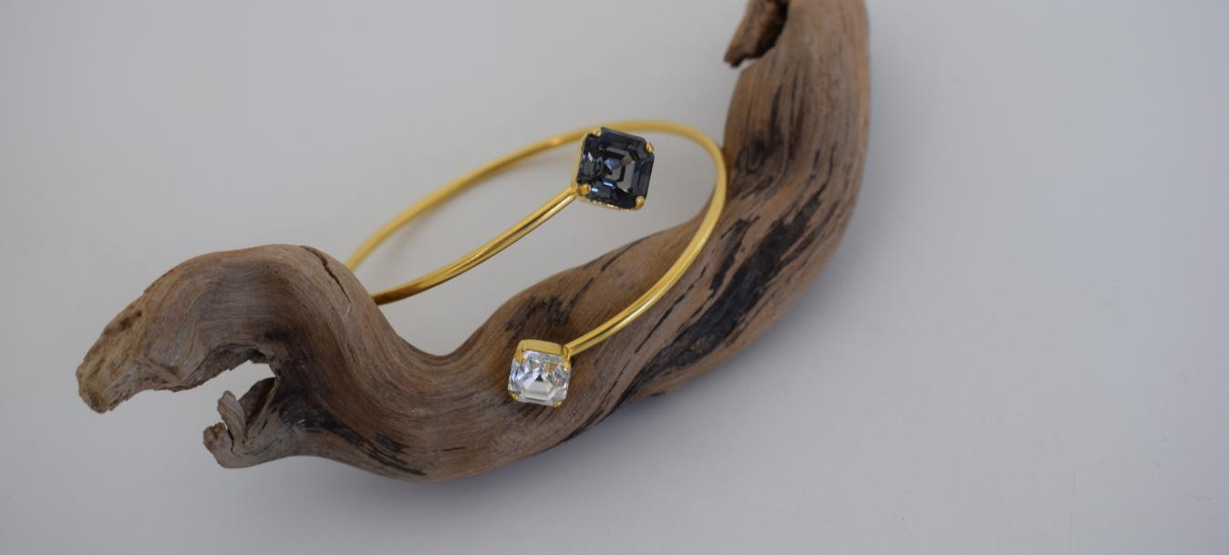 Handmade Asteria bracelet, Greek hammered jewelry in 18K gold or silver plated with two Swarovski crystal stones.