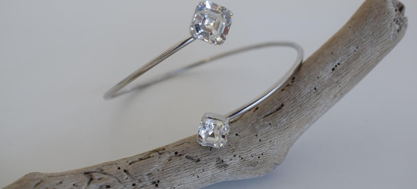 Handmade Asteria bracelet, Greek hammered jewelry in 18K gold or silver plated with two Swarovski crystal stones.