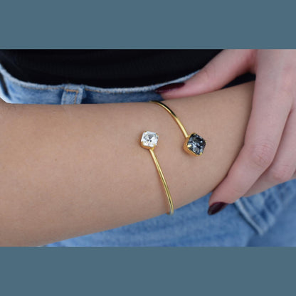 Handmade Asteria bracelet, Greek hammered jewelry in 18K gold or silver plated with two crystal stones.