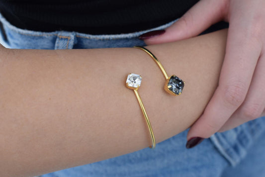 Handmade Asteria bracelet, Greek hammered jewelry in 18K gold or silver plated with two Swarovski crystal stones.
