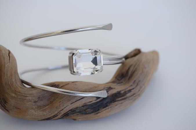 andmade Axon bracelet, Greek hammered jewelry in 18K gold or silver plated featuring a single Swarovski crystal on a sculptural open cuff.