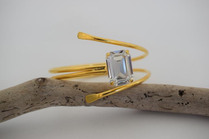 andmade Axon bracelet, Greek hammered jewelry in 18K gold or silver plated featuring a single Swarovski crystal on a sculptural open cuff.